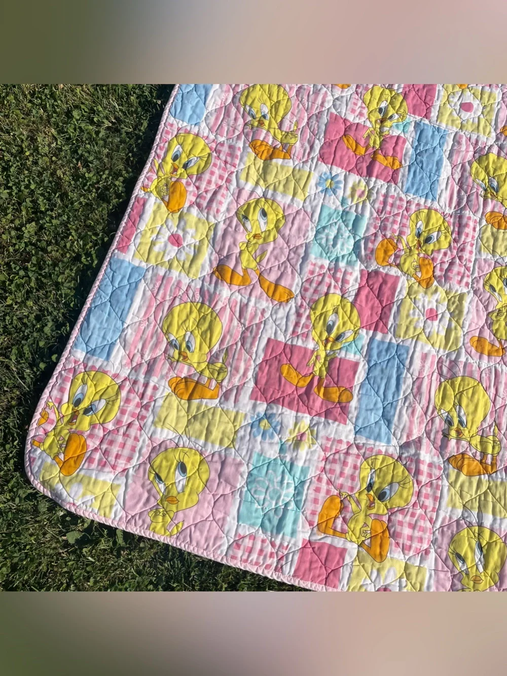 Vintage 1997 Looney Tunes Tweety Bird Quilted Pastel Baby Crib Blanket Y2K